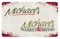 Michael logo, michaels market and bistro over grey with red spatter paint borders